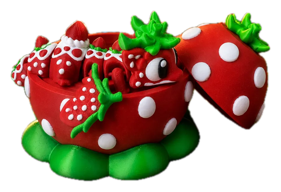 Aardbeien draak met ei, rood aardbeienei met witte stippen en groene bladeren, 3D-geprint
