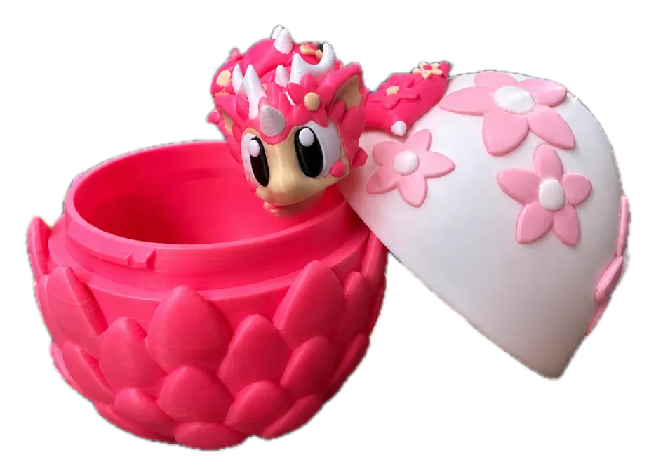 Bloesem draak met ei, beweegbare draak in roze, wit en crème met bloemetjes, 3D-geprint