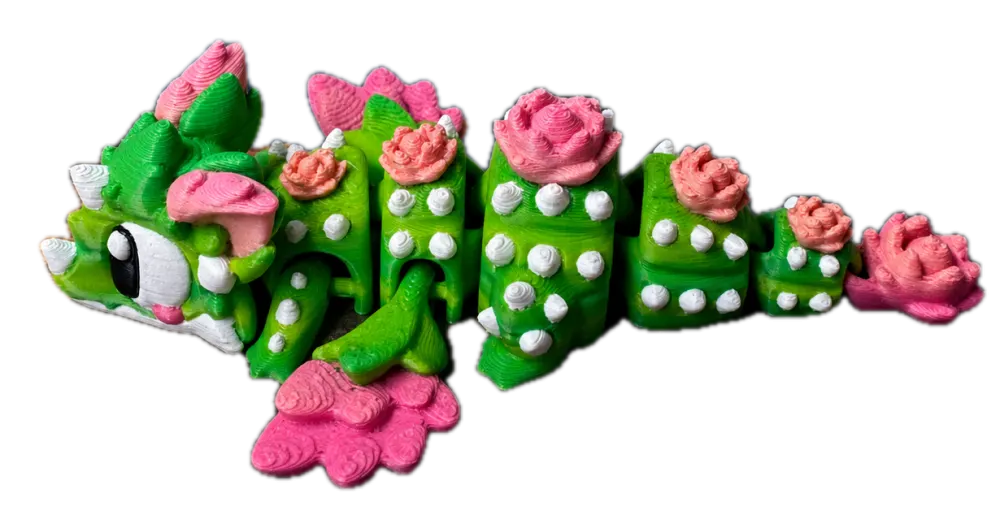 Cactus draak met roze bloemen en stekels, 3D-geprint in groen en roze