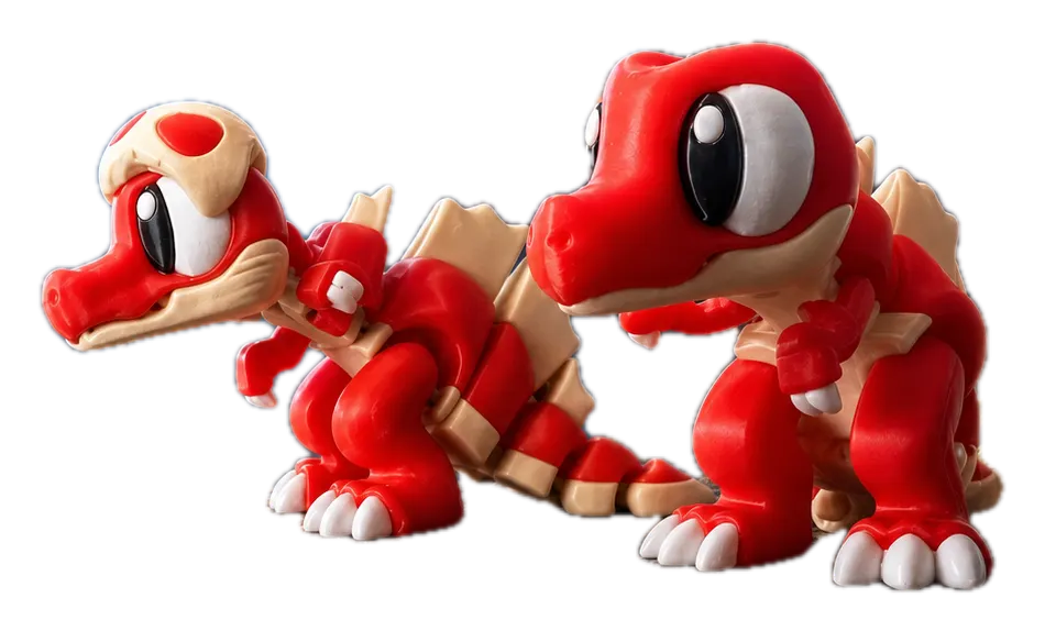 Spinosaurus duo: twee rode 3D-geprinte dino's met een hoge ivoorkleurige rugkam