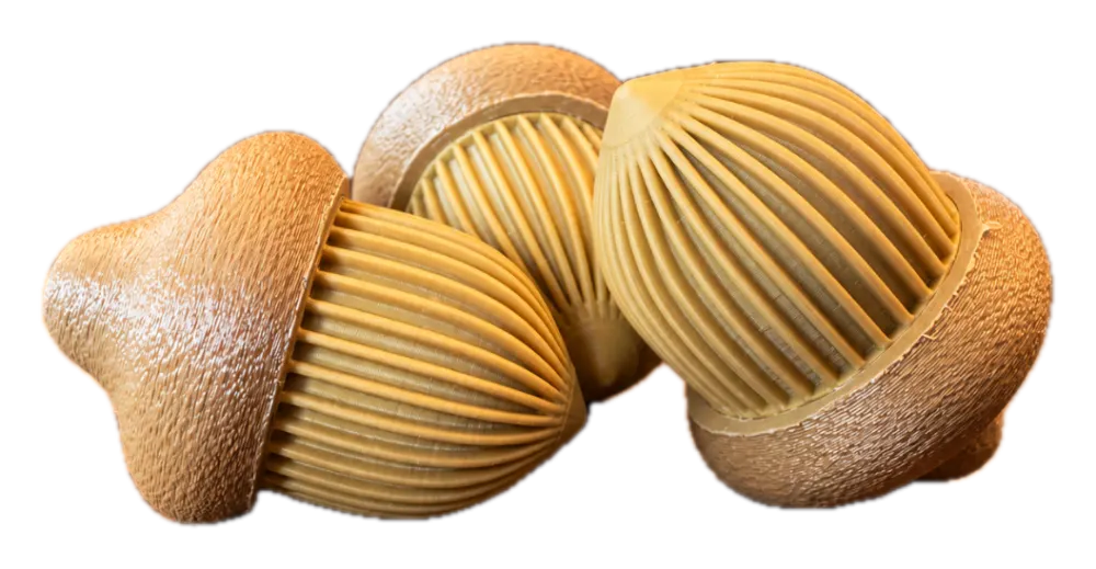 Eikels decoratie: drie 3D-geprinte eikels met bosvreemde ribbelstructuur in bruin en beige