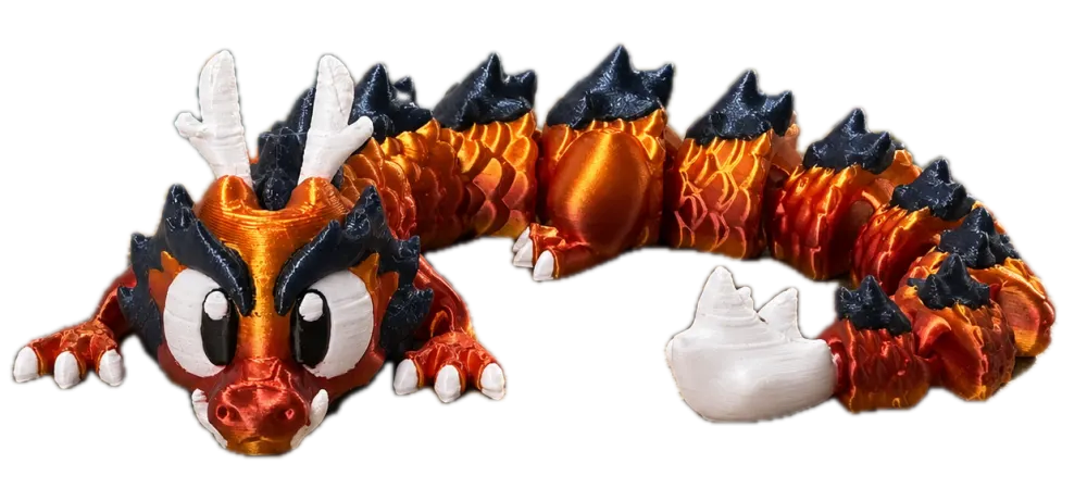 Inferno draak van 25 cm, glanzend 3D-geprint in rood, oranje, donkerblauw en wit