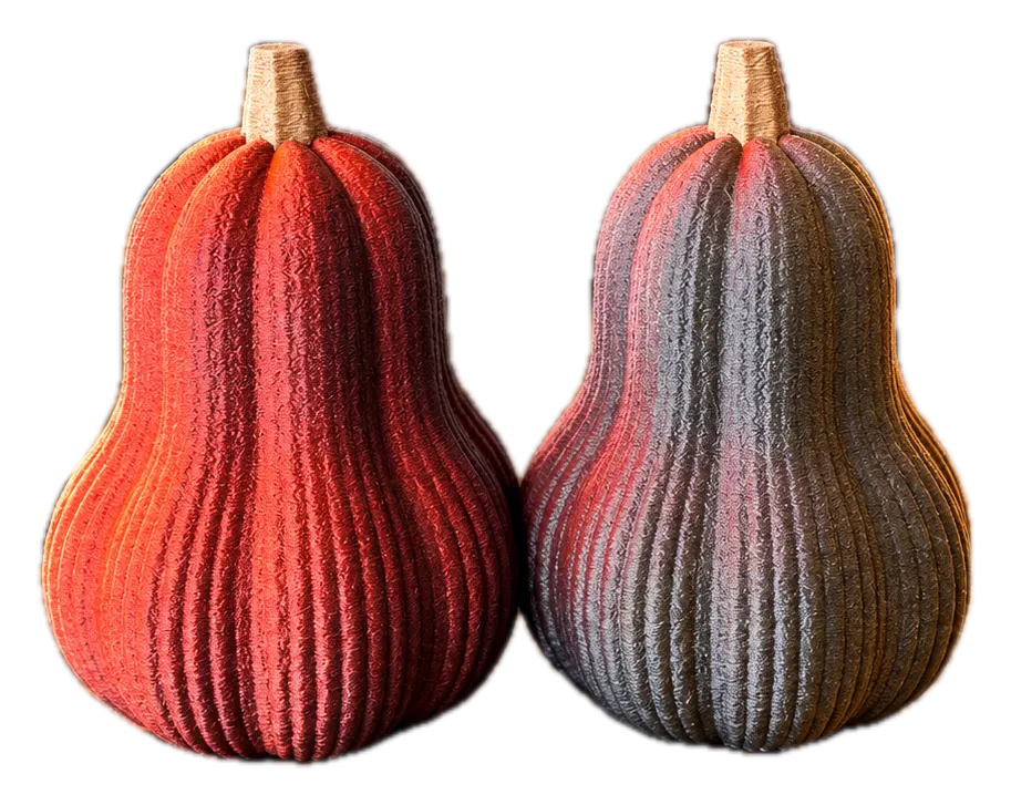 Kleine meerkleurige fles pompoen, 3D-geprint in mat rood, oranje en goud