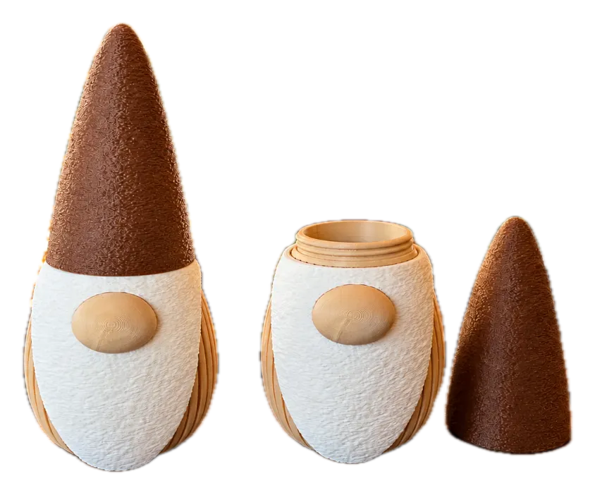 Kleine grommel bruin, kabouter met bruine puntmuts, houten neus en witte baard, 3D-geprint