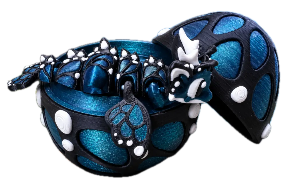 Blauwe vlinder draak met ei, metallic blauwe draak met zwart en wit, 3D-geprint