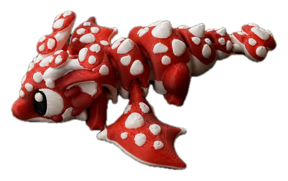 Paddenstoeldraak in rood en wit met paddenstoeldetails, een 3D-geprint draak beeldje