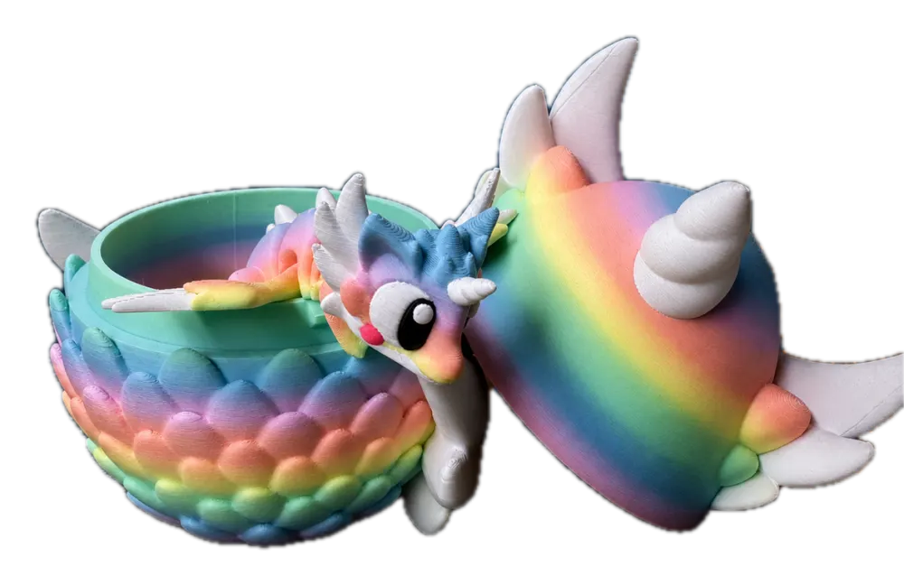Regenboog draak met ei: pastelkleurig tweedelig drakenei met vleugels en hoorn