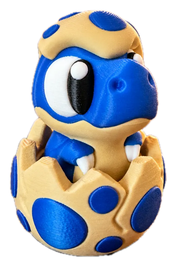 T-rex clicker in blauw en crème naast zijn bijpassende ei, 3D-geprint