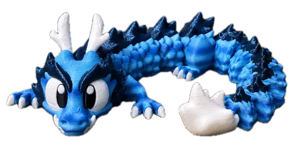 Waterdraak van 25 cm, beweegbaar en 3D-geprint in licht- en donkerblauw met wit en zwart